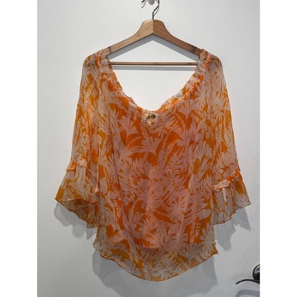 Milly Orange Floral Sheer Ruffle Pullover Tie Neckline Women's Blouse Size 6 - Picture 5 of 9